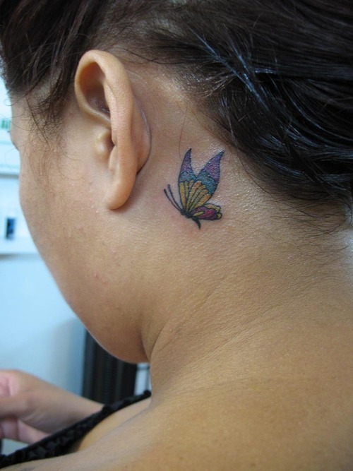 Wonderful Flying Butterfly Tattoo On Neck