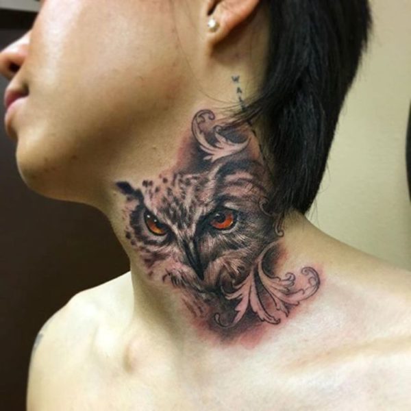 Wonderful Owl Tattoo On Neck