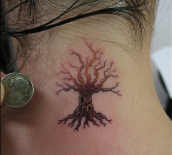 Wonderful Red Tree Tattoo On Neck