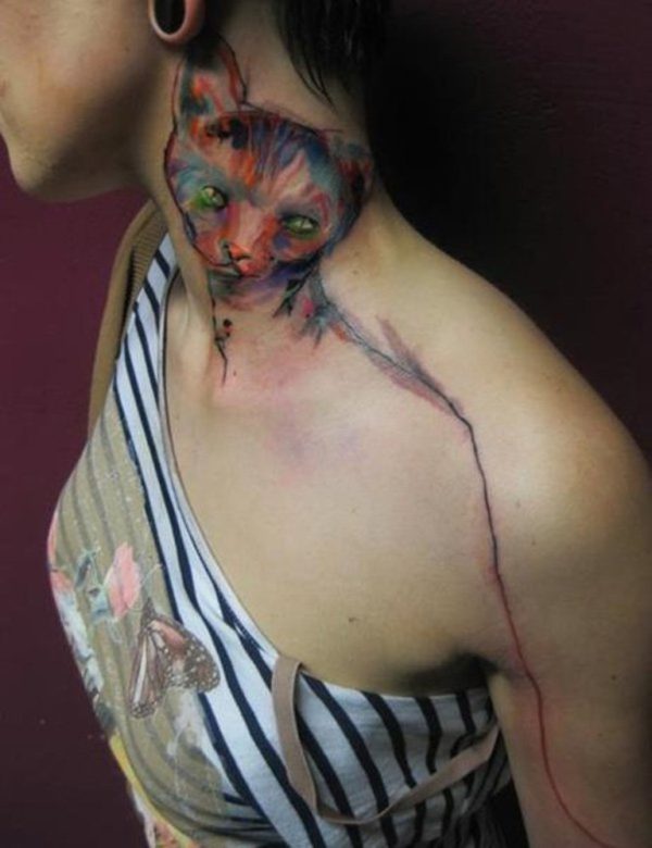Wonderful Cat Tattoo On Neck