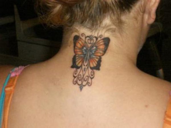 Yellow Butterfly Tattoo On Neck Back
