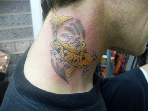 Yellow Koi Fish Tattoo On Neck