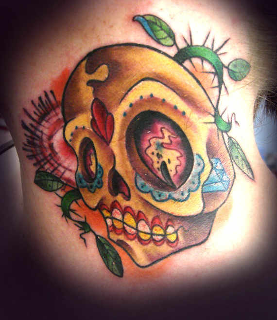Yellow Skull Tattoo On Neck