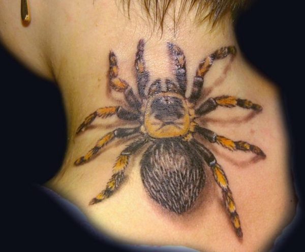 Yellow Spider Tattoo On Neck