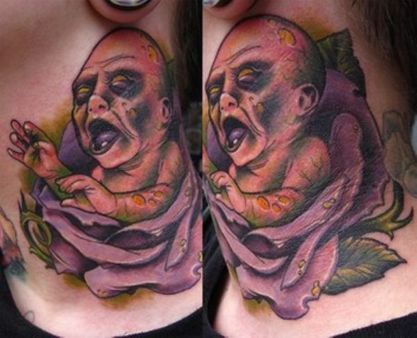 Zombie Baby Rose Tattoo On Neck