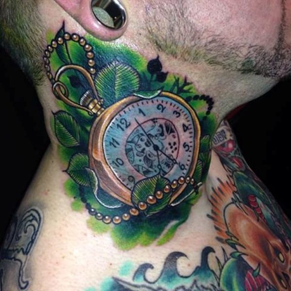 Attractive Clock Tattoo On Neck