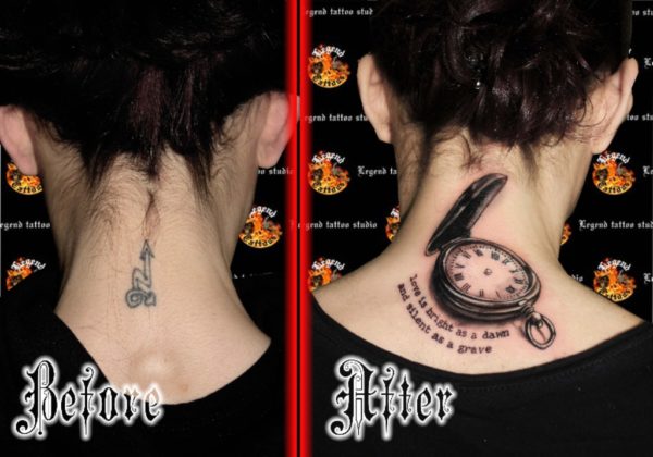 Black Clock Tattoo On Neck