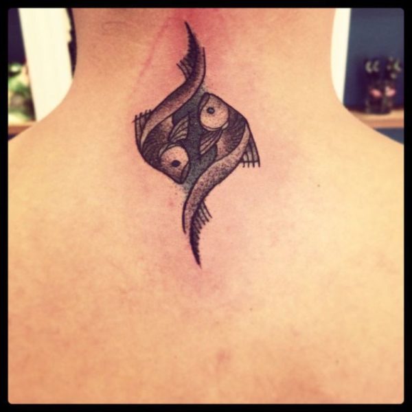 Black Pisces Tattoo On Neck