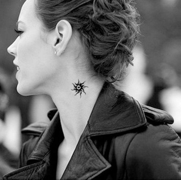 Black Tribal Sun Tattoo On Neck