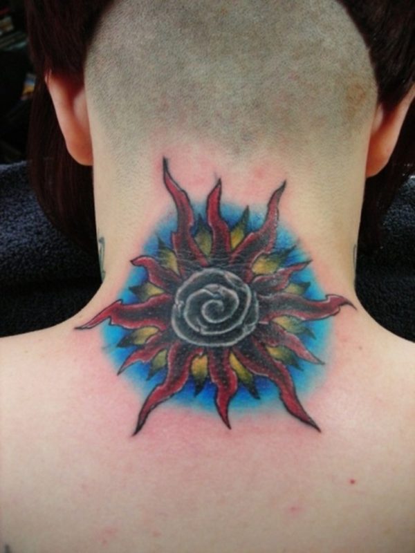 Colorful Sun Tattoo On Neck Back