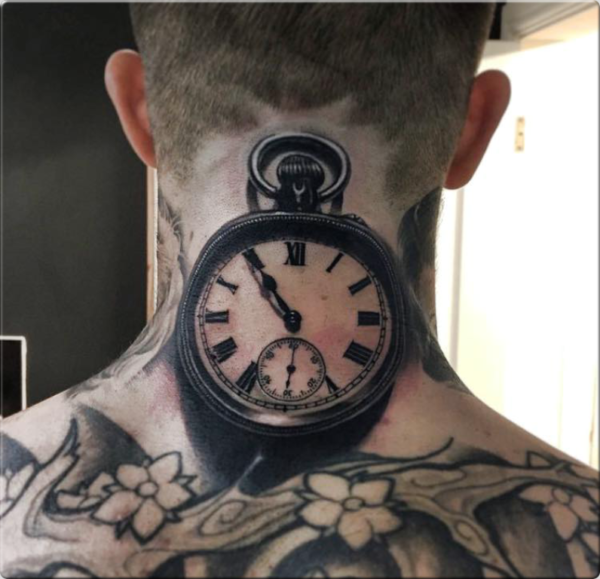 Cool Clock Tattoo On Neck