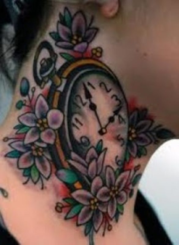 Designer Clock Tattoo On Neck