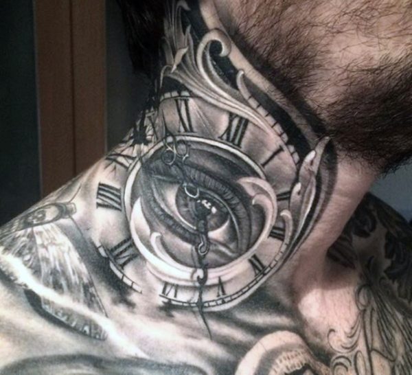 Exploding Clock Neck Tattoo