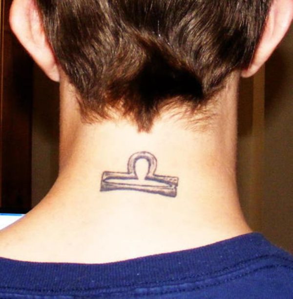 Grey Ink Libra Tattoo On Neck