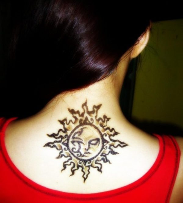 Large Sun Tattoo On Neck Back