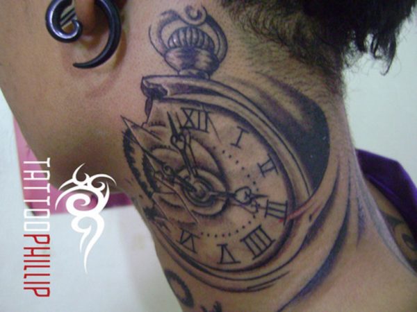 Nice Clock Tattoo On Neck