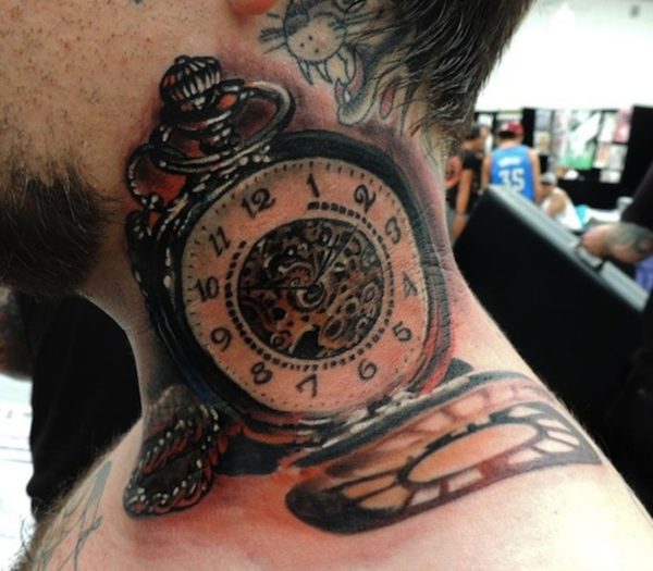 Old Clock Tattoo On Neck