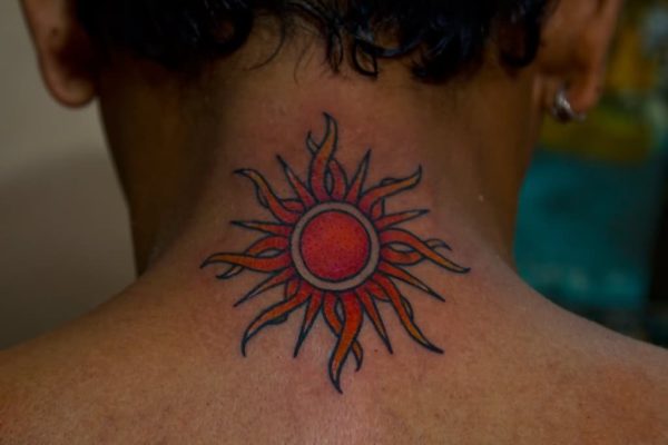 Red Sun Tattoo On Neck