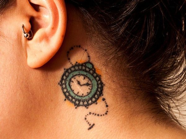 Small Clock Tattoo On Neck