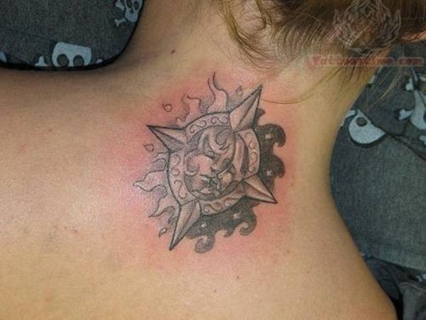Sun And Moon Tattoo On Neck