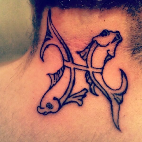 Zodiac Pisces Symbol Tattoo On Back Neck